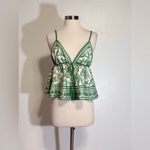 SHEIN Green and Cream Printed Spaghetti-Strap Peplum Tank